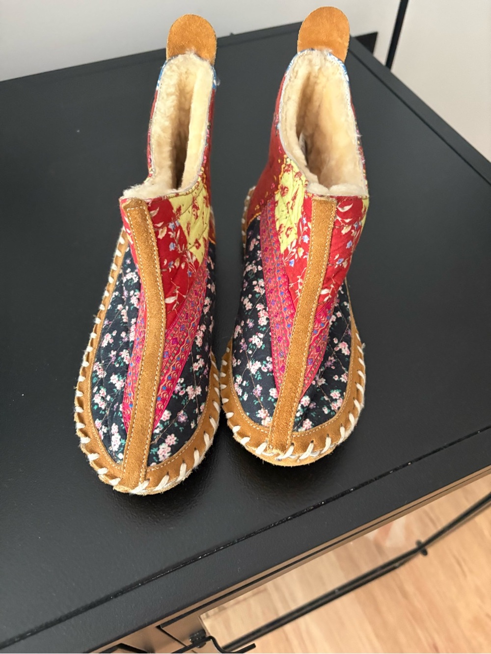 Free People Tan Suede Moccasin Slippers with White Stitching